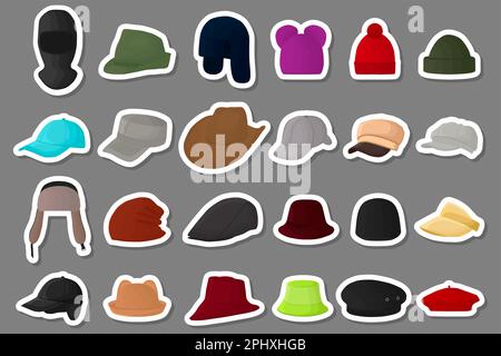 Illustration sur le thème grand kit différents types chapeaux, belles casquettes en fond blanc, modèle de casquettes composé de la collection divers chapeaux à porter Illustration de Vecteur