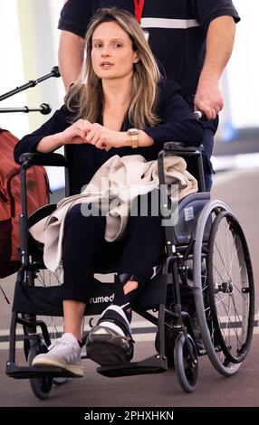 Bruxelles, Belgique. 29th mars 2023. Karen Northshield, victime photographiée avant une session du procès des attentats de 22 mars 2016, au tribunal d'assises de Bruxelles-capitale, le mercredi 29 mars 2023, sur le site de Justitia à Haren, Bruxelles. Sur 22 mars 2016, 32 personnes ont été tuées et 324 ont été blessées lors d'attentats suicide à l'aéroport national de Zaventem et à la station de métro Maalbeek/Maelbeek, qui ont été revendiqués par l'ISIL. BELGA PHOTO BENOIT DOPPAGNE crédit: Belga News Agency/Alay Live News Banque D'Images