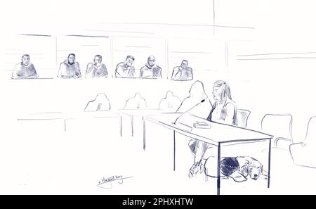 Ce dessin de Janne van Woensel Kooy montre une partie de l'accusé regardant, le chien d'assistance émotionnelle Lucky couché par les pieds d'une victime qui lui donne son témoignage, au cours d'une session du procès des attaques de 22 mars 2016, à la Cour des assises de Bruxelles-capitale, Mercredi 29 mars 2023 sur le site de Justitia à Haren, Bruxelles. Sur 22 mars 2016, 32 personnes ont été tuées et 324 ont été blessées lors d'attentats suicide à l'aéroport national de Zaventem et à la station de métro Maalbeek/Maelbeek, qui ont été revendiqués par l'ISIL. BELGA PHOTO JANNE VAN WOENSEL KOOY Banque D'Images