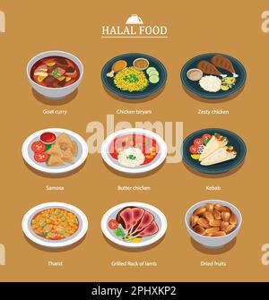 Ensemble de plats halal à motif plat. Illustration de Vecteur