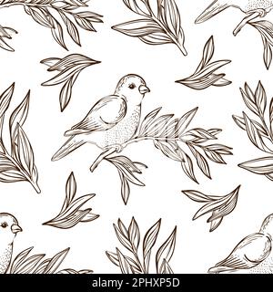 PARBLER SUR LA BRANCHE ESQUISSE Monochrome dessiné à la main en chinois et japonais Styles dessin animé Songbird sans couture motif Vintage coloriage Vector Illust Illustration de Vecteur