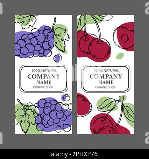 Modèles d'étiquettes DE CERISE ET DE RAISIN conception d'autocollants pour Shop of Tropical Organic fruits frais naturels juteux vin et boissons de dessert en Vintage Vector Illustration de Vecteur