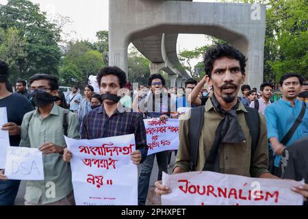 Dhaka, Bangladesh, 29 mars 2023. Des étudiants bangladais de différentes universités tiennent des pancartes alors qu'ils se réunissent pour protester contre la libération immédiate du journaliste Shamsuzzaman, au campus de l'université de Dhaka, à Dhaka, au Bangladesh, au 29 mars 2023. Plusieurs hommes en civil s'identifiant comme membres du Département d'enquête criminelle (CID) ont pris le correspondant du personnel de Prothom Alo à Savar, Shamsuzzaman, de sa maison tôt mercredi matin. Mercredi, une affaire a été déposée contre le journaliste de Prothom Alo Shamsuzzaman en vertu de la loi sur la sécurité numérique (DSA). Photo de Suvra Kanti Das/A Banque D'Images