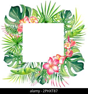 Cadre carré en feuilles de palmier. Plumeria.plantes tropicales. Feuilles tropicales. L'été. Illustration aquarelle. Bannière Banque D'Images