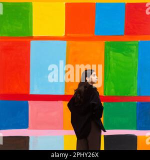 Londres, Royaume-Uni. 30 mars 2023. Un membre du personnel voit 'Bridge', 2022 ans, de Stanley Whitney à un aperçu de 'There will be Song', une exposition de nouveaux tableaux de l'artiste américain Stanley Whitney. Ses œuvres abstraites sont exposées à la galerie de Grosvenor Hill de Gagosien, de 30 mars à 13 mai 2023. Credit: Stephen Chung / Alamy Live News Banque D'Images