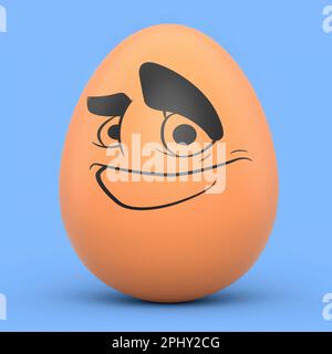 Ferme oeuf peint brun avec des expressions et visage drôle isolé sur fond bleu. 3D rendu des oeufs de Pâques modèle de conception pour l'accueil et invité Banque D'Images