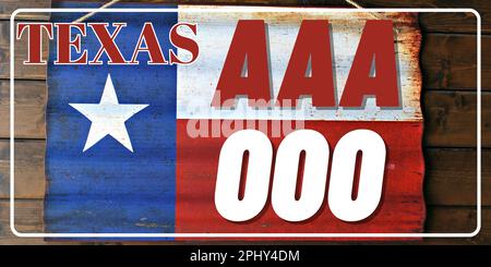 Plaques d'immatriculation de véhicule au Texas aux États-Unis d'Amérique, plaques de voiture. Numéros de permis de conduire de différents États américains. Imprimé vintage pour les motifs, autocollants et affiches de tee-shirts Banque D'Images