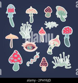 Collection d'autocollants psychédéliques de champignons de gorge. Design rétro des icônes de la taille basse et motif style Doodle. Vintage trippy caricature 60 70 80 90 tendance Illustration de Vecteur