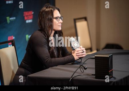 Temecula, CA - 28 mars: Cat Zingano s'adresse aux médias au Bellator 293 Golm vs James au Pechanga Resort and Casino on 31 mars 2023 à Temecula, Californie, Etats-Unis. (Photo de Matt Davies/PX Images) Banque D'Images