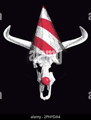 illustration vectorielle d'un squelette à cornes avec un chapeau clown et un nez sur fond sombre. Illustration de Vecteur