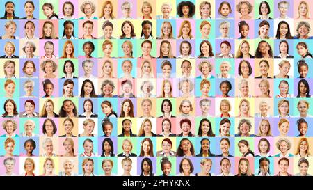 Portrait panoramique collage de femmes de plusieurs générations devant des arrière-plans colorés Banque D'Images