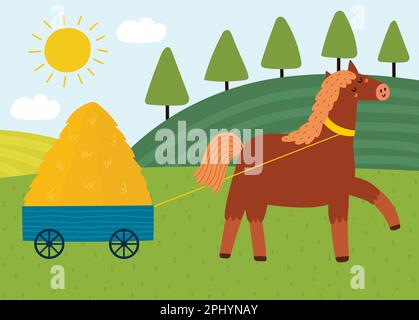 Mignon cheval tirant un chariot avec une pile de foin sur un pré vert. Affiche de paysage de pâturage Illustration de Vecteur