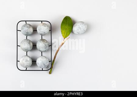 Œufs de Pâques gris sur un support noir avec une branche et une feuille de magnolia sur fond gris. Minimalisme, espace de copie Banque D'Images