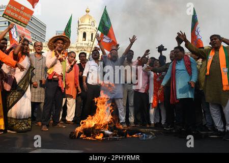 Kolkata, Inde. 29th mars 2023. (3/29/2023) les militants du parti au pouvoir en Inde, le Parti Bharatiya Janata (BJP), ont protesté à Kolkata pour manifester contre les suicides d'agriculteurs dans tout l'État, exigeant des prix rémunérateurs plus élevés pour les pommes de terre et autres cultures et contre le marché noir des engrais. (Photo de Sayantan Chakraborty/Pacific Press/Sipa USA) crédit: SIPA USA/Alay Live News Banque D'Images