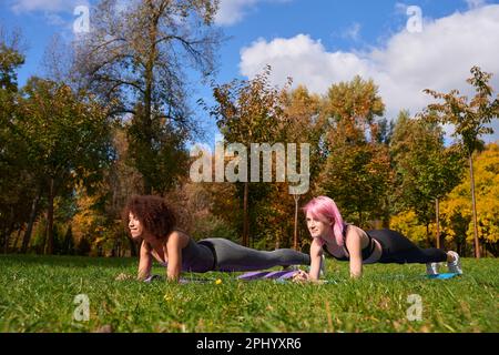 Joyeux sportwomen interracial effectuant un exercice de noyau isométrique à l'extérieur Banque D'Images