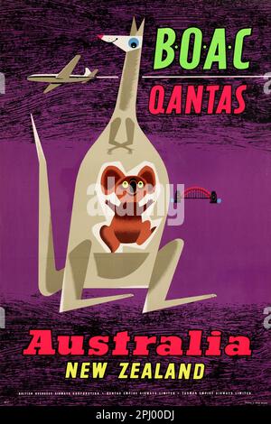 Qantas BOAC. Australie, Nouvelle-Zélande par Maurice Laban (1912-1970). Affiche publiée en 1957 en Australie. Banque D'Images