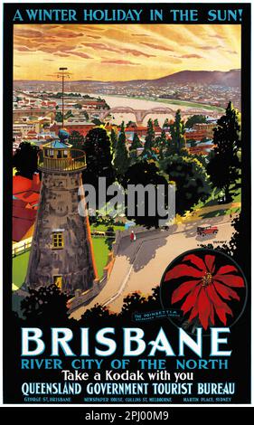 Des vacances d'hiver au soleil ! Brisbane. Ville fluviale du Nord par Percy Trompf (1902-1964). Affiche publiée en 1950s en Australie. Banque D'Images