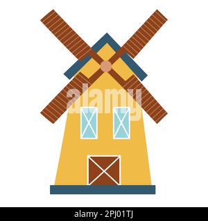 Élément isolé du moulin à vent dans le style de dessin animé. Icône du moulin de ferme dessinée à la main sur fond blanc Illustration de Vecteur