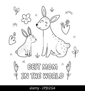 Meilleure maman au monde imprimé noir et blanc avec une jolie mère lapin et son bébé lapin Illustration de Vecteur
