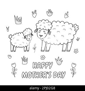 Joyeux fête des mères imprimé noir et blanc avec une jolie mère brebis et son bébé agneau Illustration de Vecteur