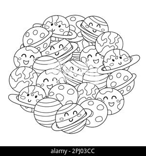 Motif en forme de cercle de jolies planètes. Page de coloriage des planètes du système solaire. Espace mandala noir et blanc Illustration de Vecteur