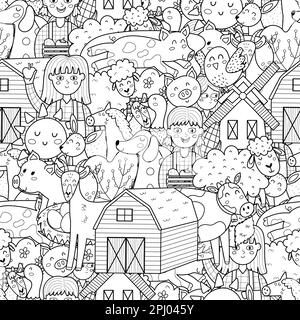 Jolis personnages de ferme, motif sans couture noir et blanc. Page de coloriage avec les animaux et les agriculteurs amusants Illustration de Vecteur