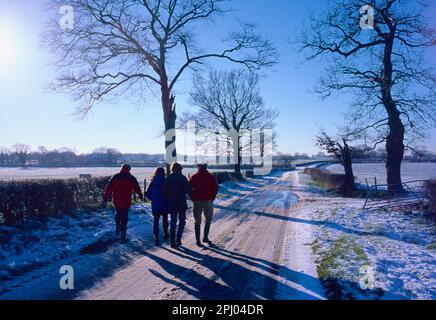 Un groupe de quatre personnes fait une promenade en hiver, au Royaume-Uni Banque D'Images