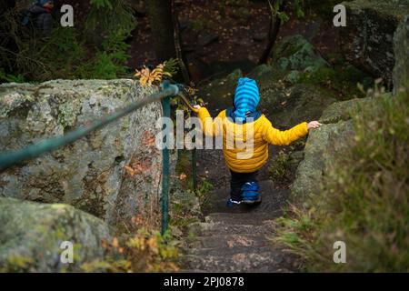 L'enfant descend les marches de pierre sur le sentier de randonnée dans les montagnes. Montagnes polonaises Banque D'Images