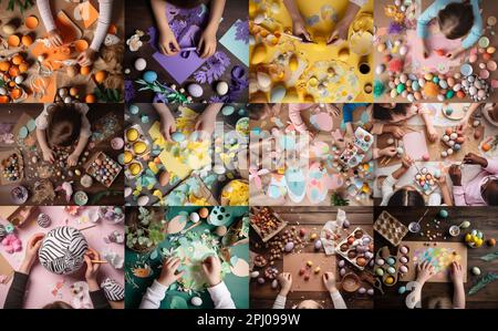 Pâques dans le monde entier, les enfants font de l'art et de l'artisanat avec des œufs, du chocolat, des bonbons, du papier de lapin et du lapin coloré. Vue de dessus, collage de composition. Banque D'Images