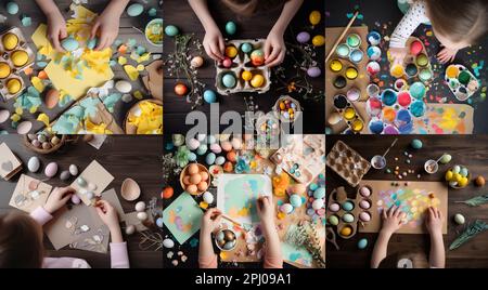 Pâques dans le monde entier, les enfants font de l'art et de l'artisanat avec des œufs, du chocolat, des bonbons, du papier de lapin et du lapin coloré. Vue de dessus, collage de composition. Banque D'Images