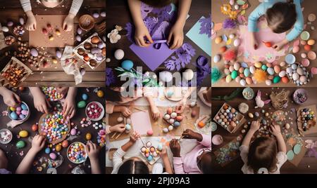 Pâques dans le monde entier, les enfants font de l'art et de l'artisanat avec des œufs, du chocolat, des bonbons, du papier de lapin et du lapin coloré. Vue de dessus, collage de composition. Banque D'Images