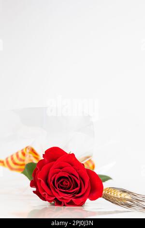 Gros plan rose rouge et oreille de blé pour Diada de Sant Jordi. Tradition de la fête de St Jordi en Catalogne. Livre catalan et rose jour de fleur. Copier l'espace. Banque D'Images