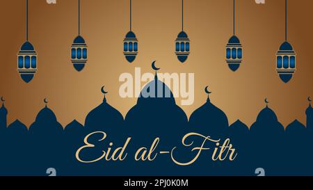 VECTOR EID AL-FITR AVEC FOND DORÉ est une illustration vectorielle montrant une décoration luxueuse lanternes et la silhouette d'une magnifique mosquée Banque D'Images