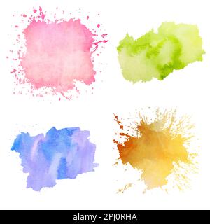 Collection de taches et de taches d'aquarelle abstraites, ensemble de pinceaux colorés pour taches de peinture sur fond blanc Banque D'Images