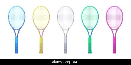 Ensemble de raquettes de tennis colorées. Illustration vectorielle. Équipement de sport. Collection de raquettes de tennis colorées sur fond blanc. Illustration de Vecteur