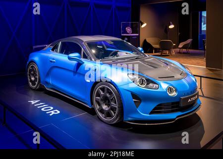 Alpine A110 R Fernando Alonso Edition voiture de sport présentée au salon européen de l'auto de Bruxelles. Bruxelles, Belgique - 13 janvier 2023. Banque D'Images