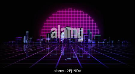 Nouvelle ville de style vague rétro, modèle d'arrière-plan. Une illustration de 3D avec un néon violet, esthétique de jeux vidéo Banque D'Images