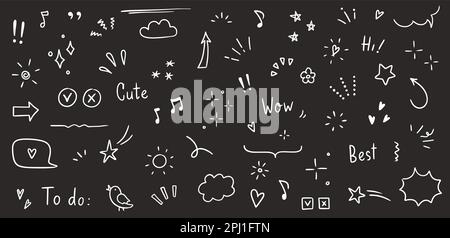 Joli crayon à paillettes avec éléments en ligne. Coeur de Doodle, flèche, étoile, éclat décoration symbole ensemble icône. Mise en évidence, attention, éléments de répétition de style de ligne d'esquisse simple. Illustration vectorielle. Illustration de Vecteur