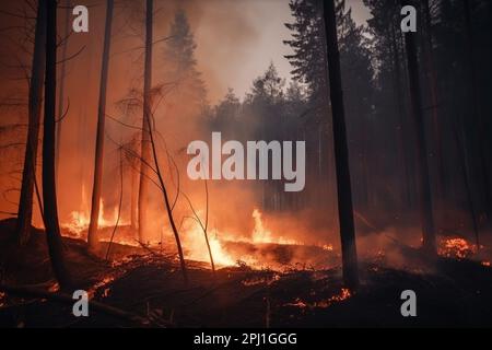 Feu de forêt désastre, arbres brûlant la nuit, destruction de la nature de feu de forêt Banque D'Images