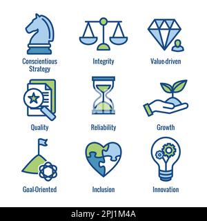 Éthique professionnelle et éthique de l'entreprise montrant l'ensemble d'icônes de l'ensemble des valeurs de l'entreprise Illustration de Vecteur