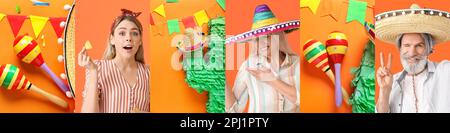 Collage de mexicains avec sombrero, maracas, cuisine traditionnelle et décorations sur fond orange Banque D'Images