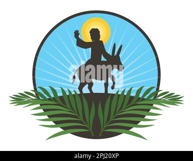 Bouton rond avec branches de palmier et scène de silhouette de Jésus en train de monter un âne pour commémorer le dimanche des palmiers. Design plat sur fond blanc. Illustration de Vecteur