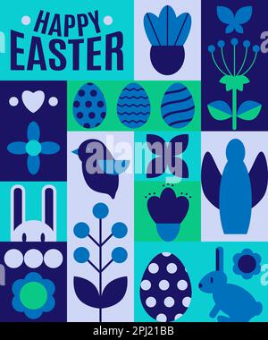Joyeuses Pâques. Style abstrait géométrique. Oeufs de Pâques, lapin., fleurs, oiseau, ange. Couleurs bleues. Idéal pour une couverture d'affiche ou une illustration vectorielle de carte postale Illustration de Vecteur