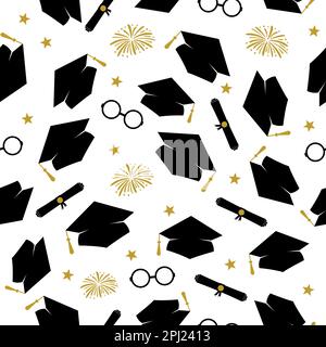 Motif de graduation amusant sans couture. Lancement de chapeaux et de feux d'artifice. Toile de fond de la cérémonie de Grad. Modèle vectoriel pour tissu, textile, papier peint, papier d'emballage Illustration de Vecteur