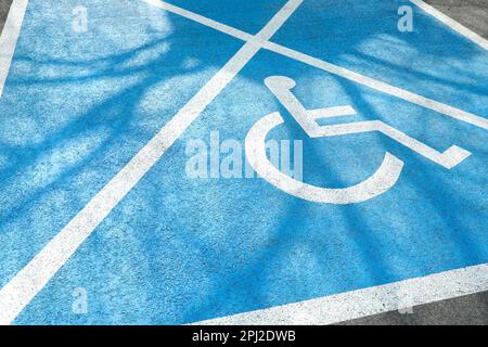 Symbole fauteuil roulant sur la route asphaltée. Permis de stationnement pour personnes handicapées Banque D'Images