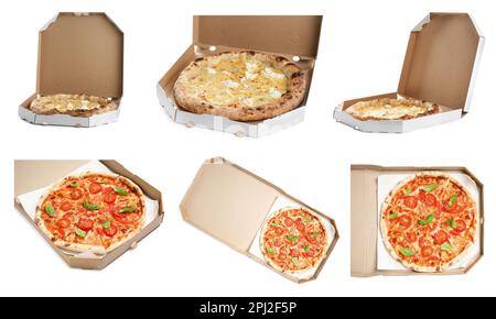 Avec différentes délicieuses pizzas chaudes dans des boîtes en carton sur fond blanc. Livraison de nourriture Banque D'Images