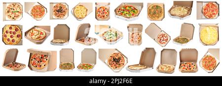 Ensemble avec différentes délicieuses pizzas chaudes dans des boîtes en carton sur fond blanc, motif bannière. Livraison de nourriture Banque D'Images