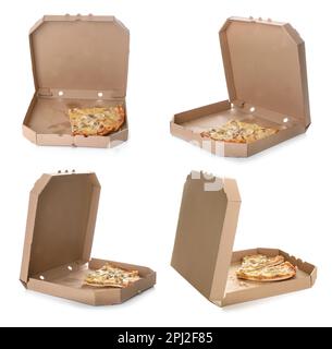 Placez des tranches de pizza dans des boîtes en carton sur fond blanc. Livraison de nourriture Banque D'Images