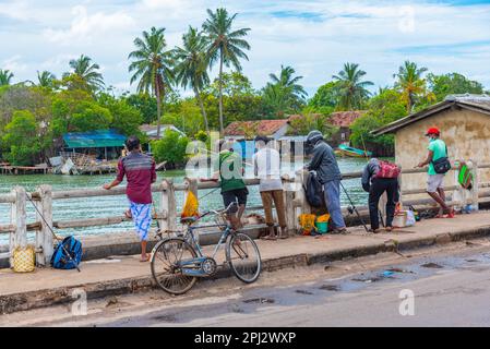 Negombo, Sri Lanka, 13 février 2022: Pêcheurs locaux sur le pont de Mankuliya au-dessus de la lagune de Negombo au Sri Lanka. Banque D'Images