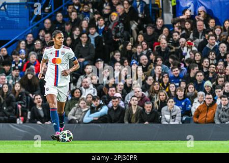 Wendie Renard (3) de Lyon photographié lors d'un match de football féminin entre le FC Chelsea et l'Olympique Lyonnais dans la quart de finale de la Ligue des champions de football féminin de la saison 2022 - 2023 , le jeudi 30 mars 2023 à Londres , en Angleterre . PHOTO SPORTPIX | Stijn Audooren Banque D'Images